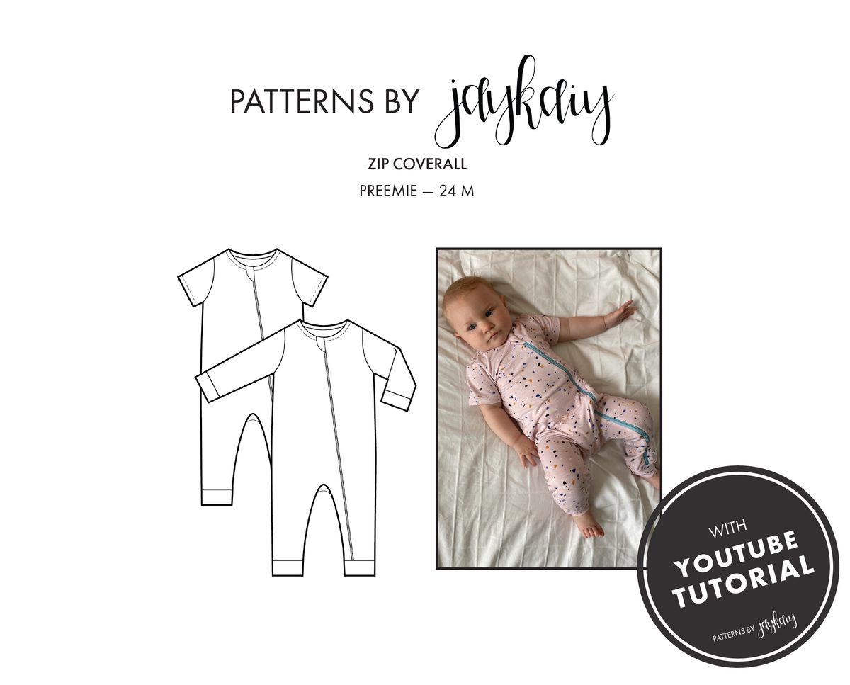 Footless Zip Coverall with video tutorial. Sizes early baby to 24M.