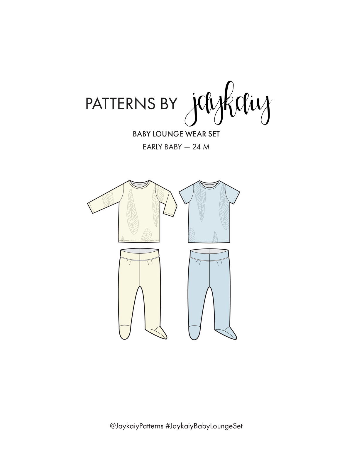 Baby pajama set, Loungewear pattern. Footed leggings with soft waistband, non-elastic waistband, with a short and long sleeve t-shirt. Sizes early baby to 24 months. Beginner-friendly pattern.