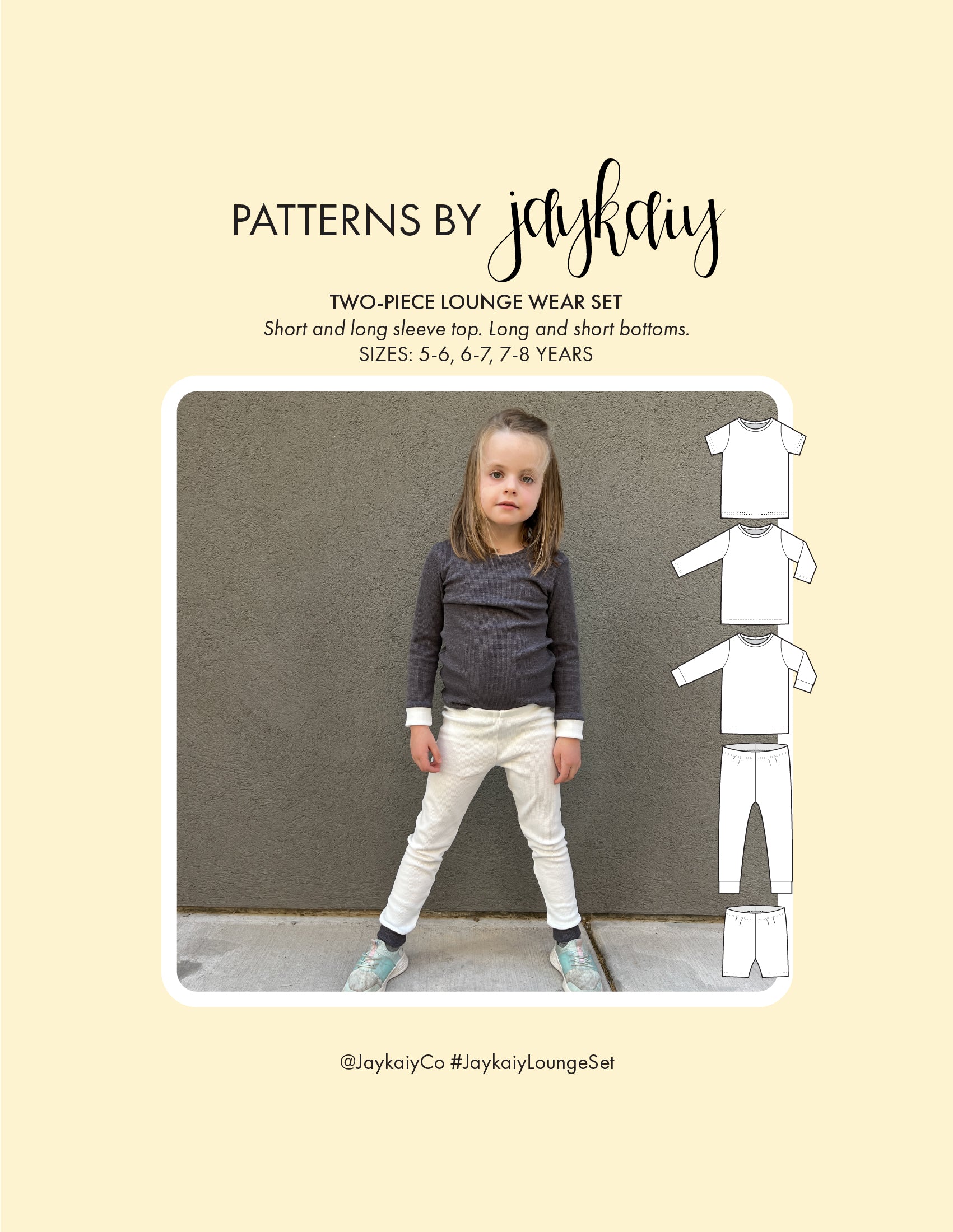 Cover image of a two-piece pajama loungewear set the pattern for kids. It comes in sizes from 5-8 years. The set features a short and long-sleeved tee with wrist cuffs, leggings with ankle cuffs, and shorts.