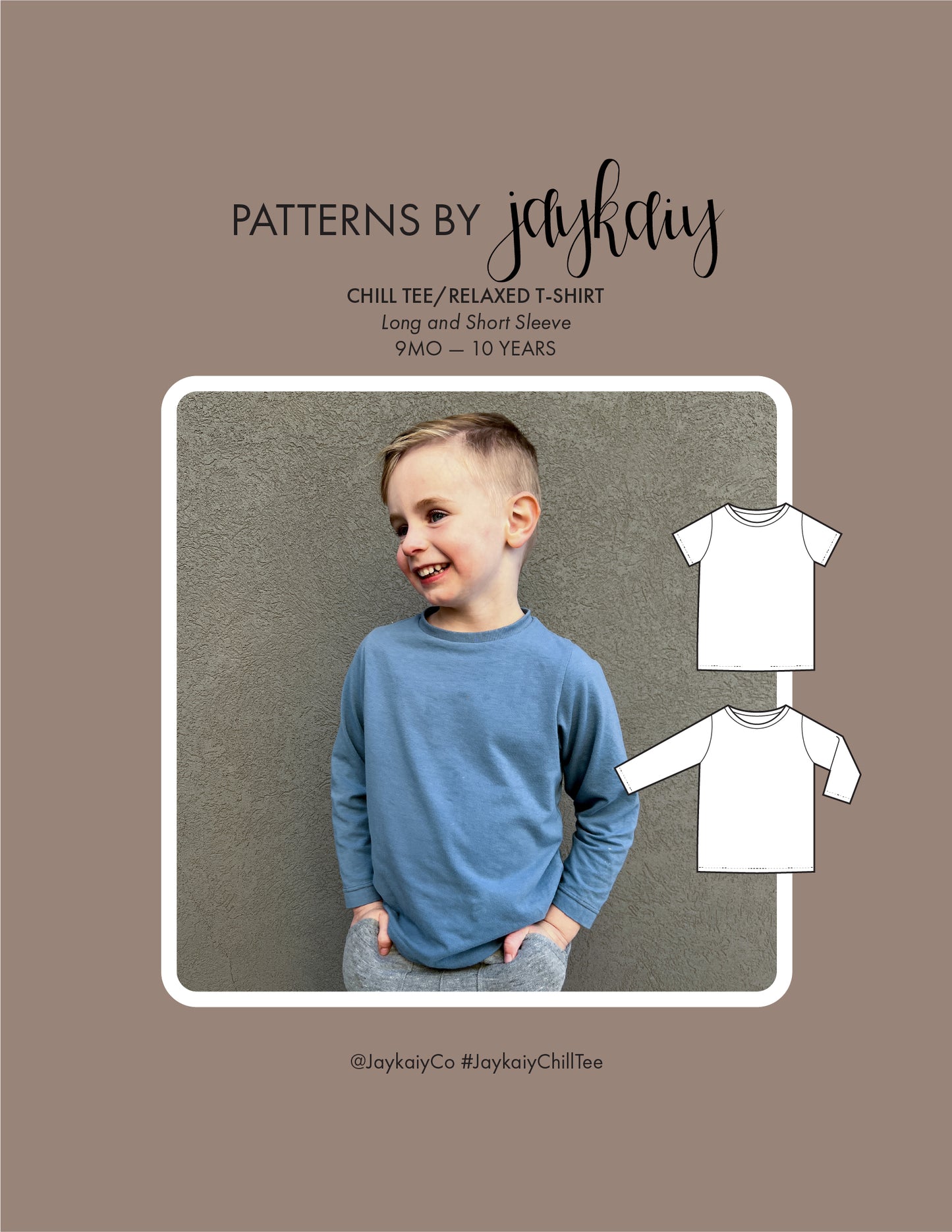 Cover page for the Chill Tee Sewing Pattern. On the covers, a 5-year-old boy dressed in a long-sleeved, blue Chill Tee. The boy has his hands in his pant pockets and is looking to the side.