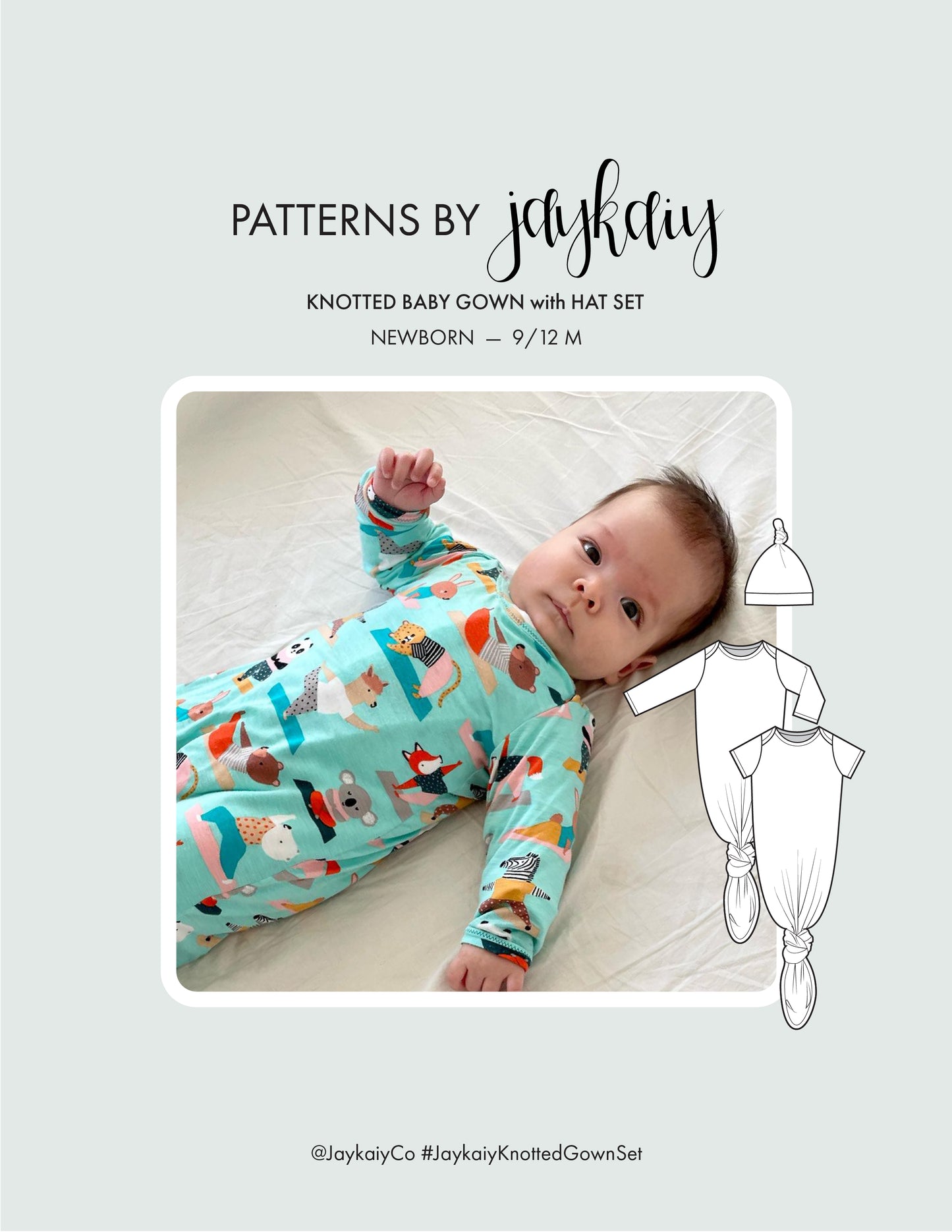 Knotted baby gown sewing pattern set. Sizes newborn to 9/12months, with baby hat pattern. Beginner friendly.