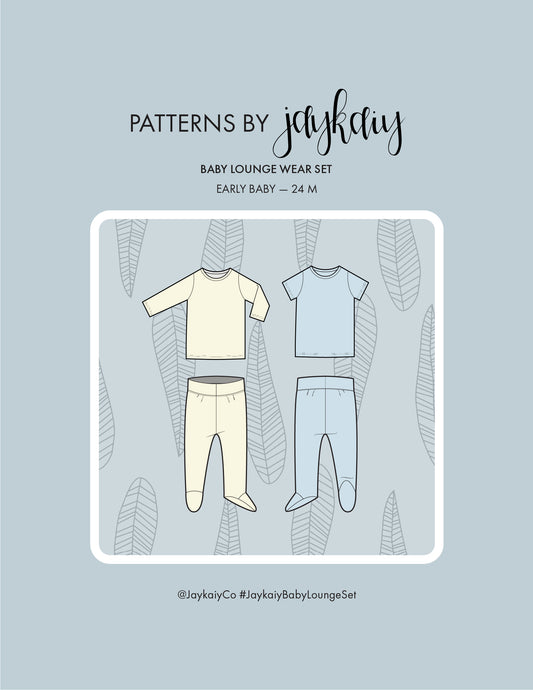 Baby pajama set, Loungewear pattern. Footed leggings with soft waistband, non-elastic waistband, with a short and long sleeve t-shirt. Sizes early baby to 24 months. Beginner-friendly pattern.