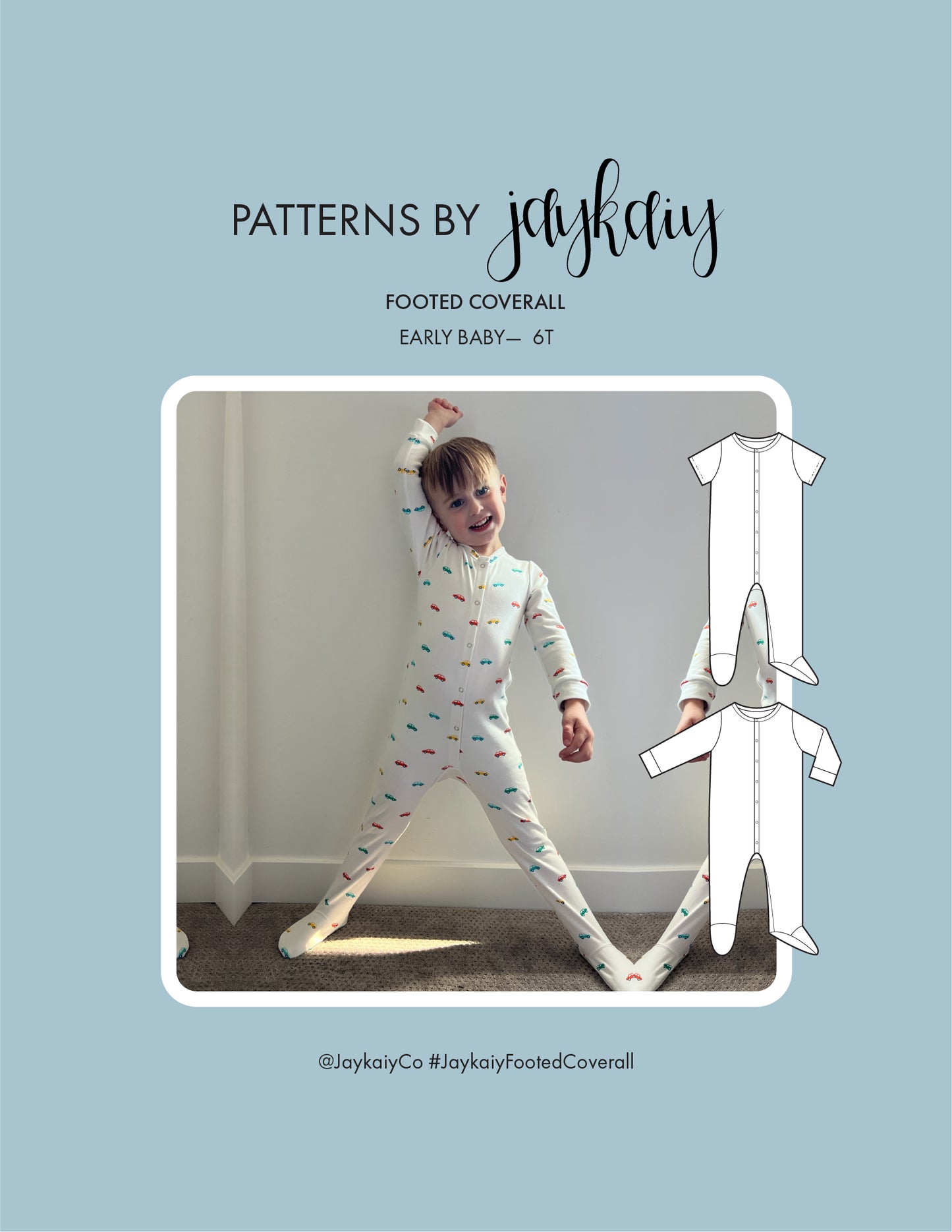 Footed Pajama Coverall sewing pattern for kids. Sizes Early Baby to 6T. Beginner-friendly and comes with short and long sleeves. WITH VIDEO TUTORIAL.