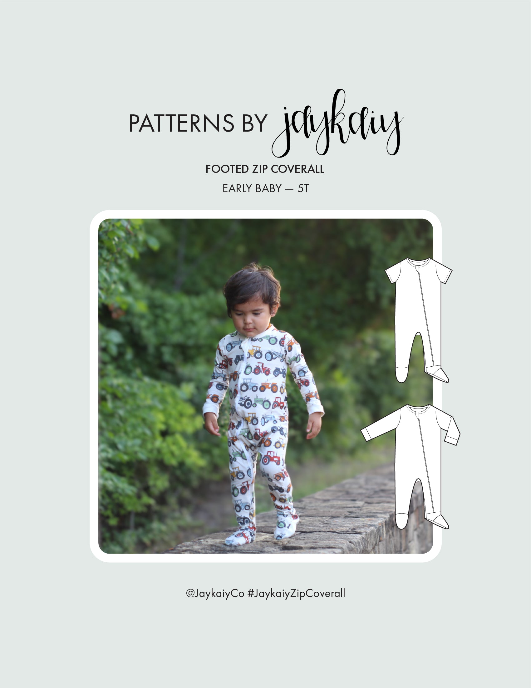 Cover image for footed zip pajama pattern. Sizes early baby to 5 years. Pictures is a 3 year old in zipped pajama with tractor prints, walking.