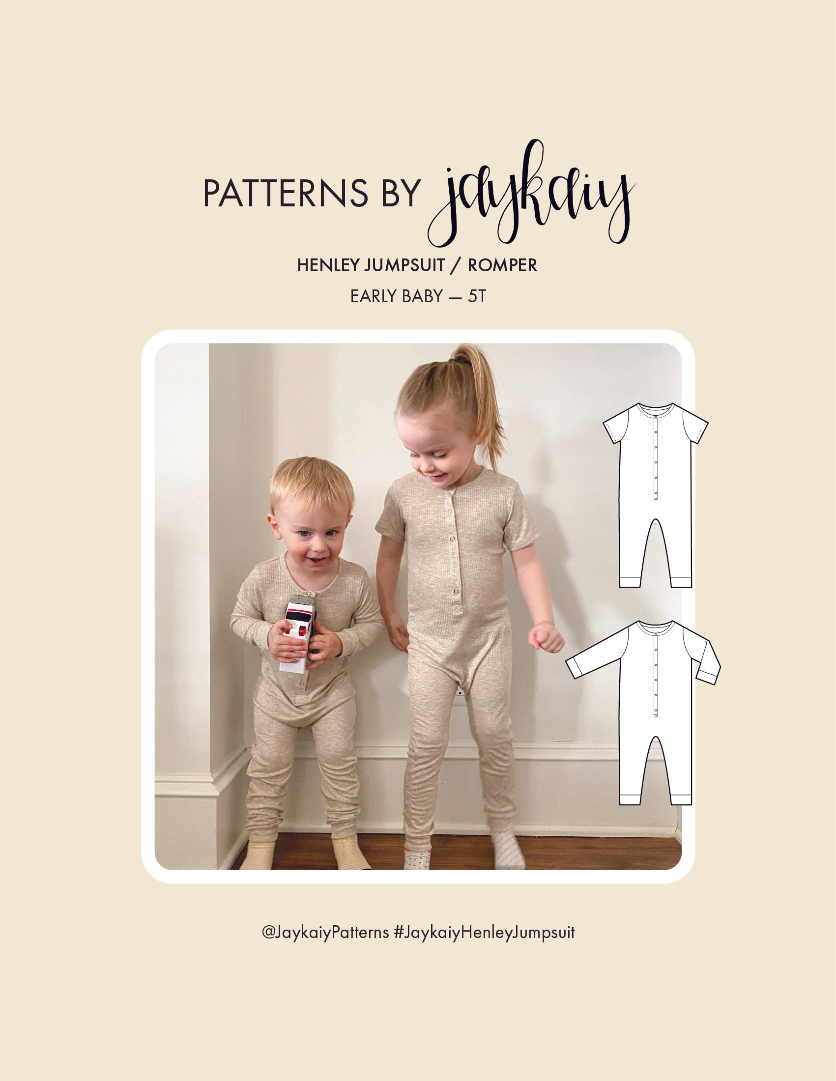 Henley Jumpsuit Sewing Pattern. Sizes Early Baby to 5T (5 years). Confident beginner pattern with short and long sleeves, and video tutorial for the Henley Placket.