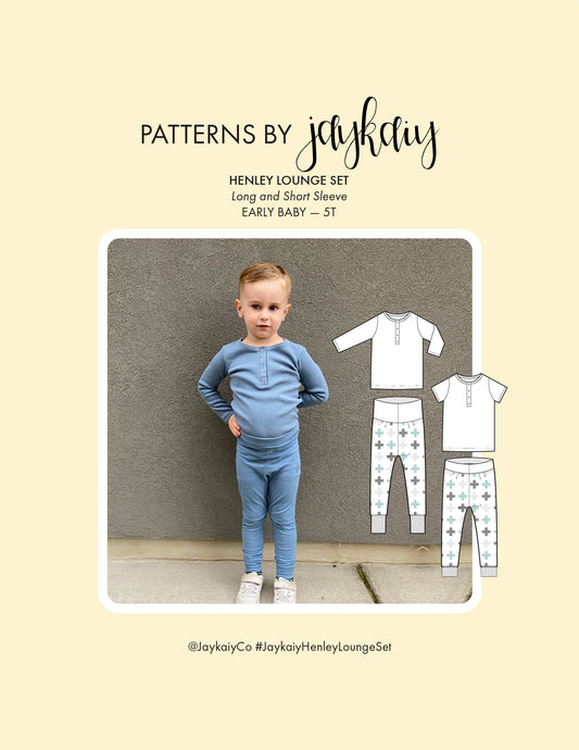 Henley Lounge Set Pattern. Sizes Early baby (preemie) to 5T (5 years). The set comes with a henley tee in short and long sleeves, and a pair of leggings with fold up cuff and waistband to grow with the child.