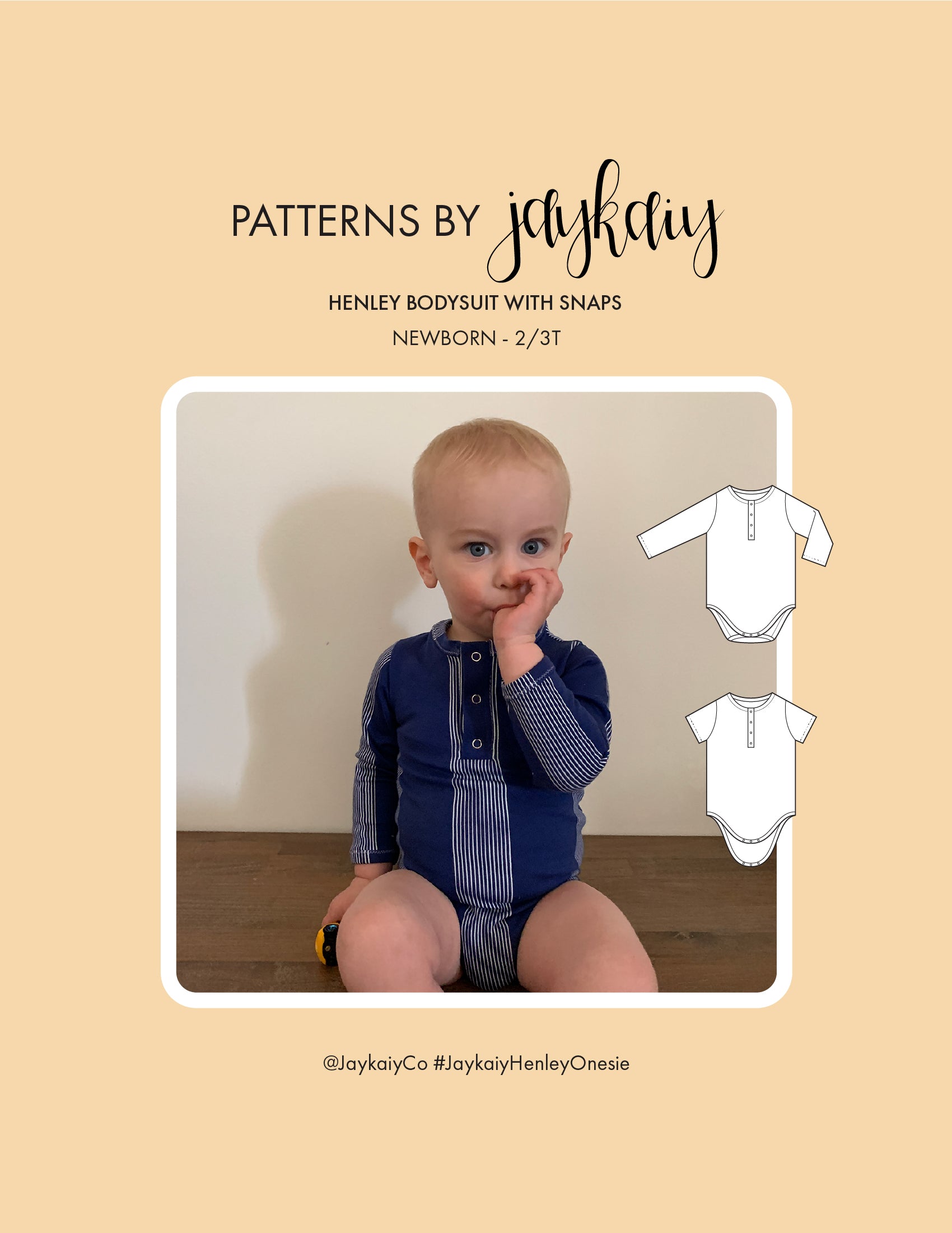 Henley Baby Onesie pattern with snaps. Sizes newborn to 2/3T.