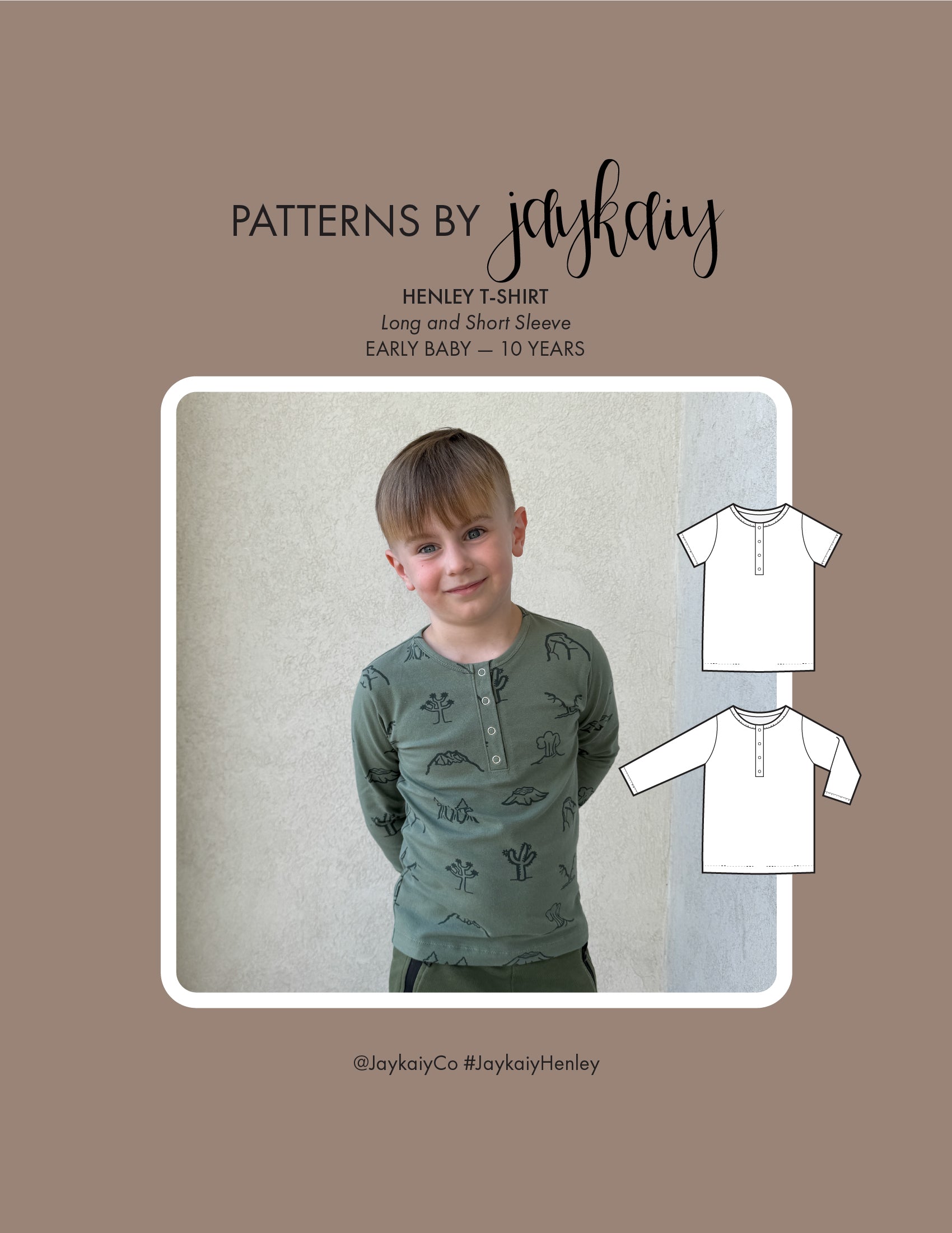 Kid's Henley Tee Sewing pattern. Sizes Early baby to 10 years. Confident beginner level. Short and long sleeve, with snap placket.