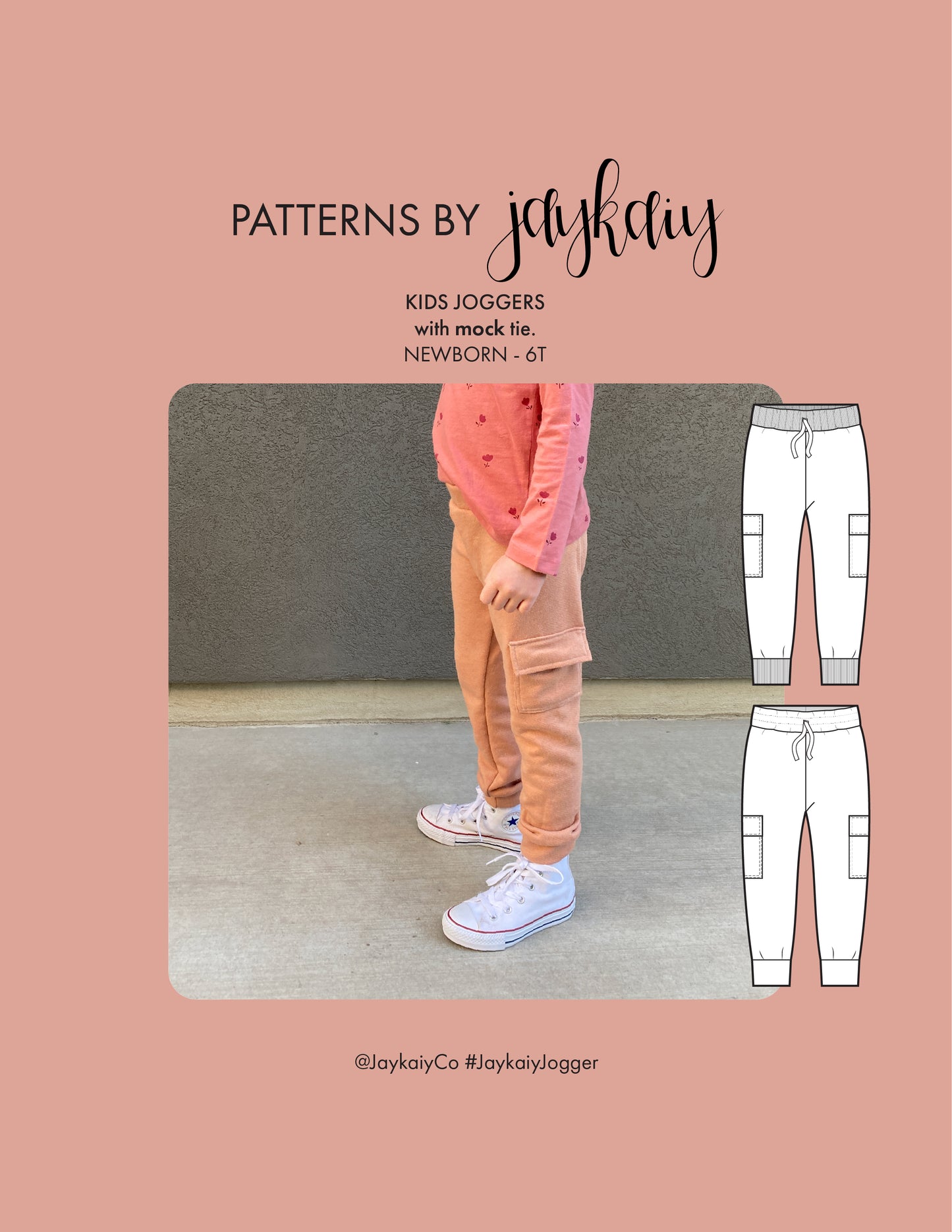 Jogger sewing pattern cover. Sizes early baby to 24 months. Ribbed cuffs and trims or main fabric. Mock-cord. Optional pockets. Slim fit leg.