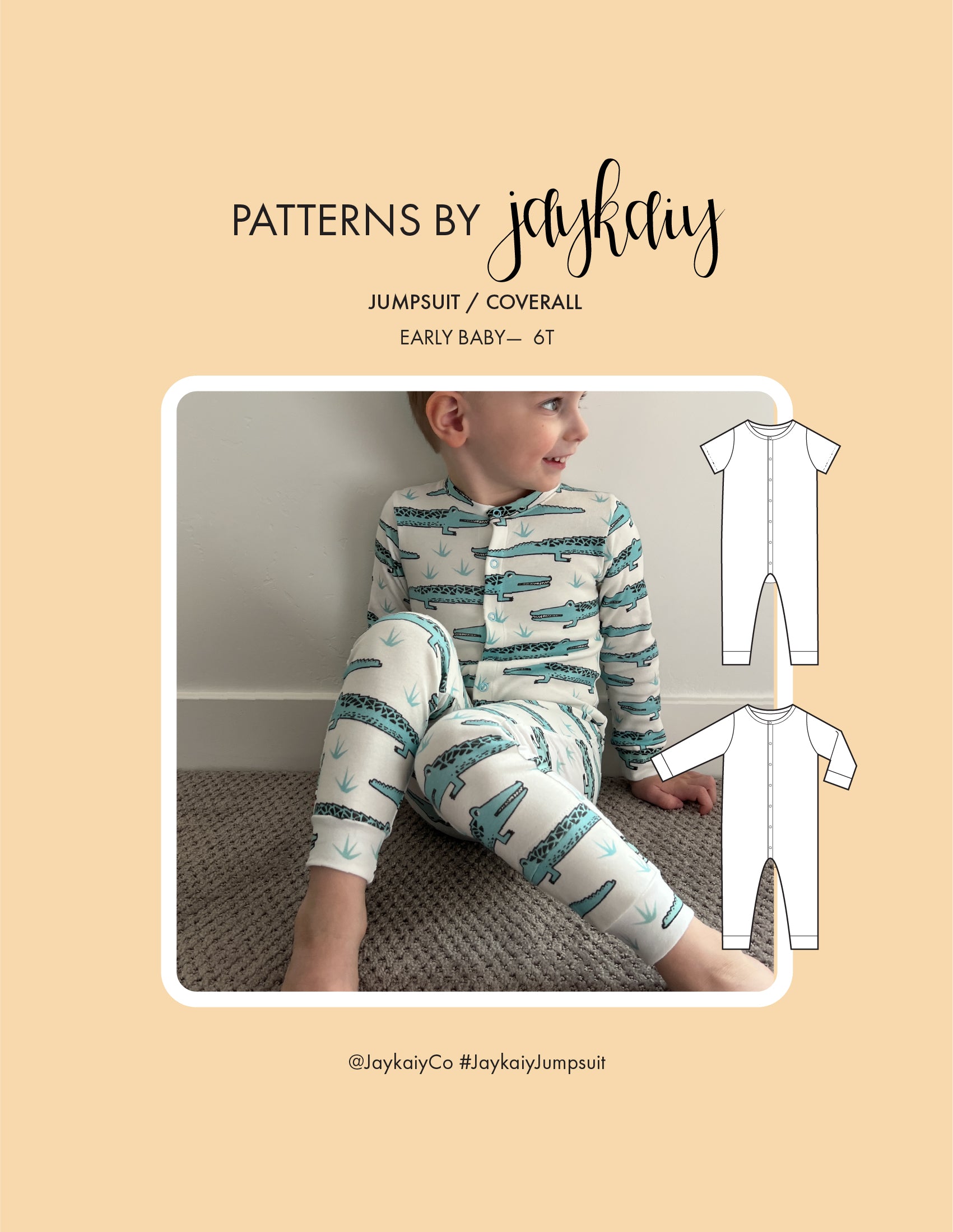 Cover page for a jumpsuit sewing pattern. The pattern comes in preemie/early baby to 6T sizes and is beginner-friendly. The pattern comes with fold-over mittens for preemies to 24. A boy is pictured in a white jumpsuit with a blue crocodile pattern.