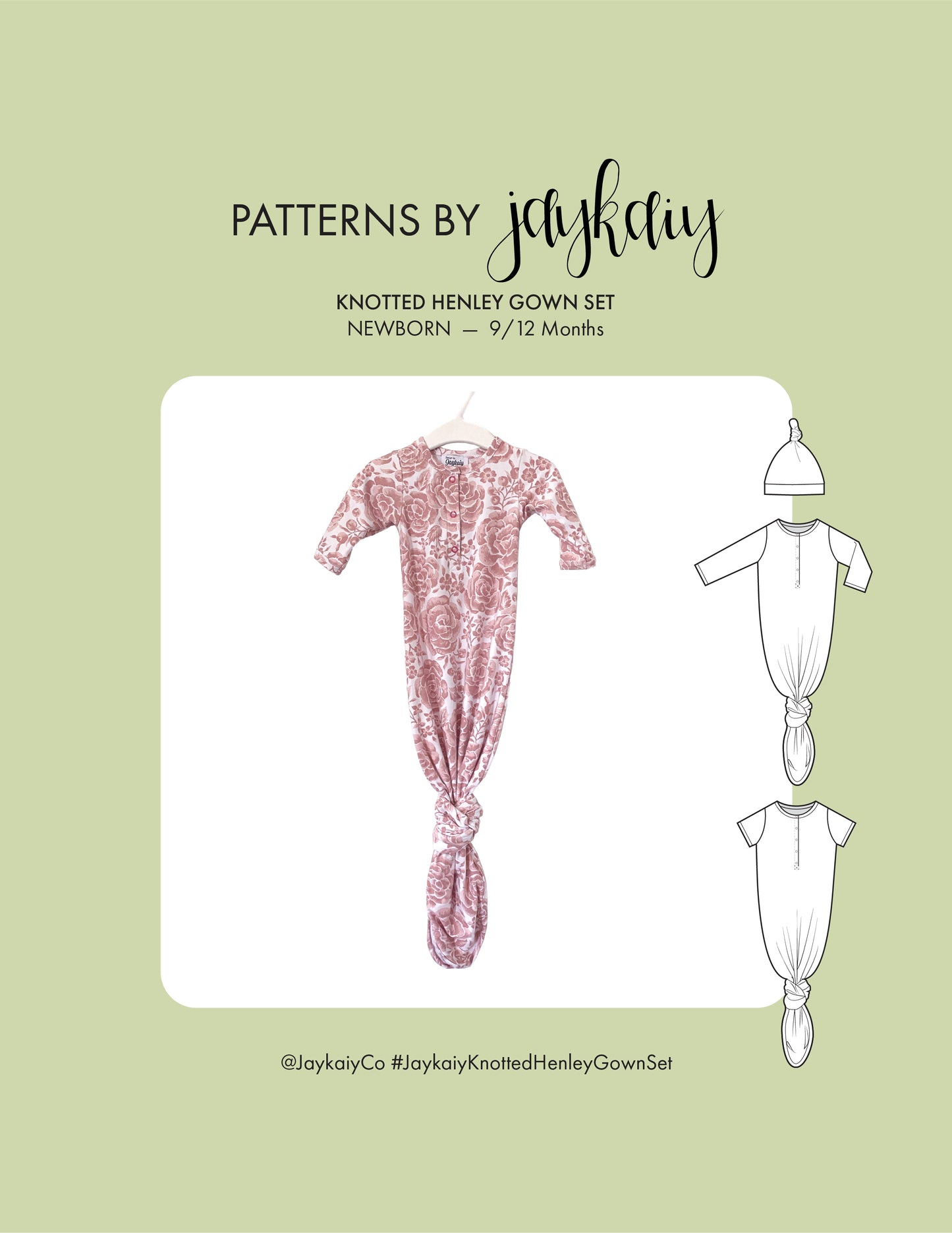 Knotted Henley Gown Set Sewing Pattern. Sizes newborn to 9/12months. beginner friendly.