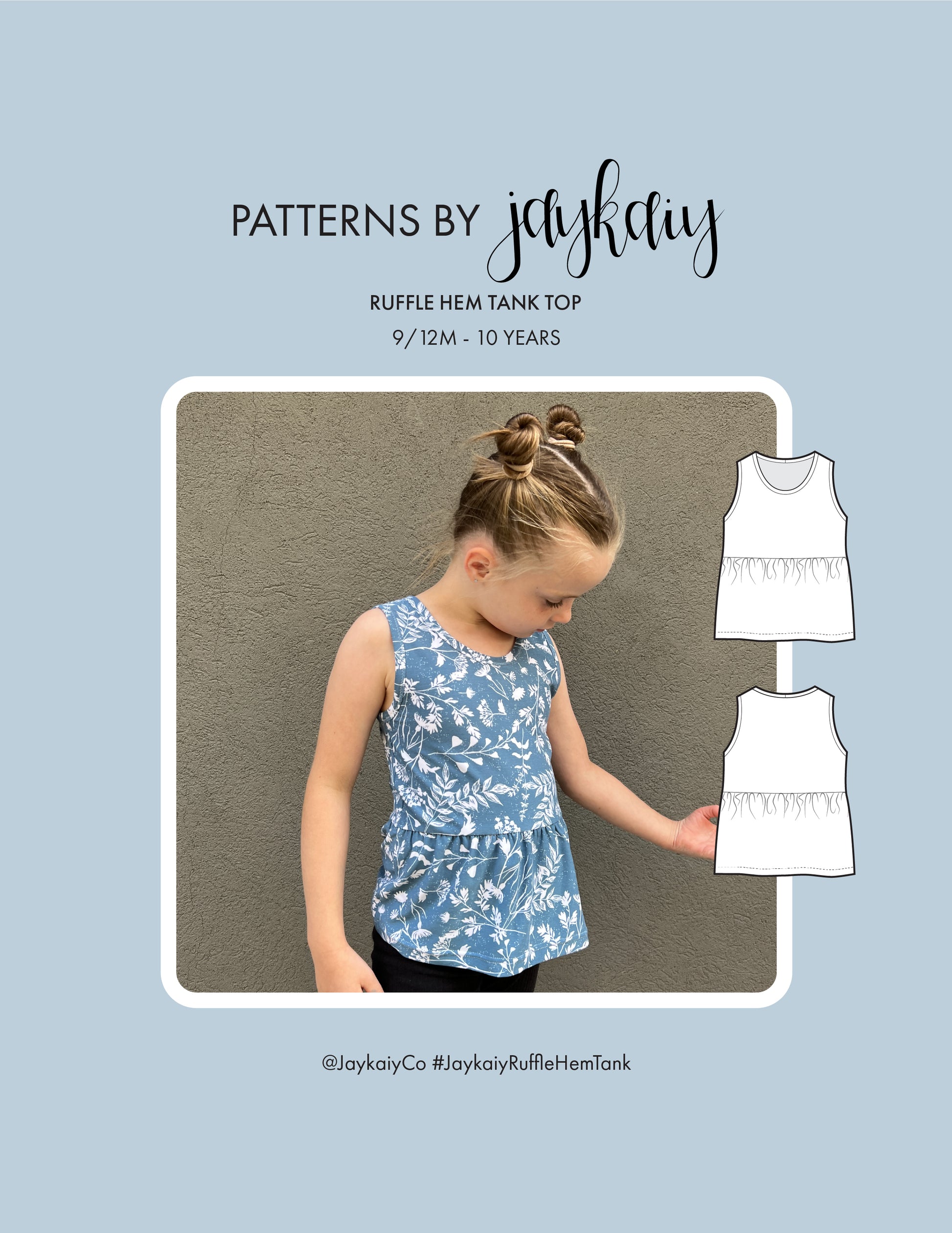 Ruffle Flounce Hem Tank, kids sewing pattern. Size 9-12 months thorugh 10 years. Beginner friendly.