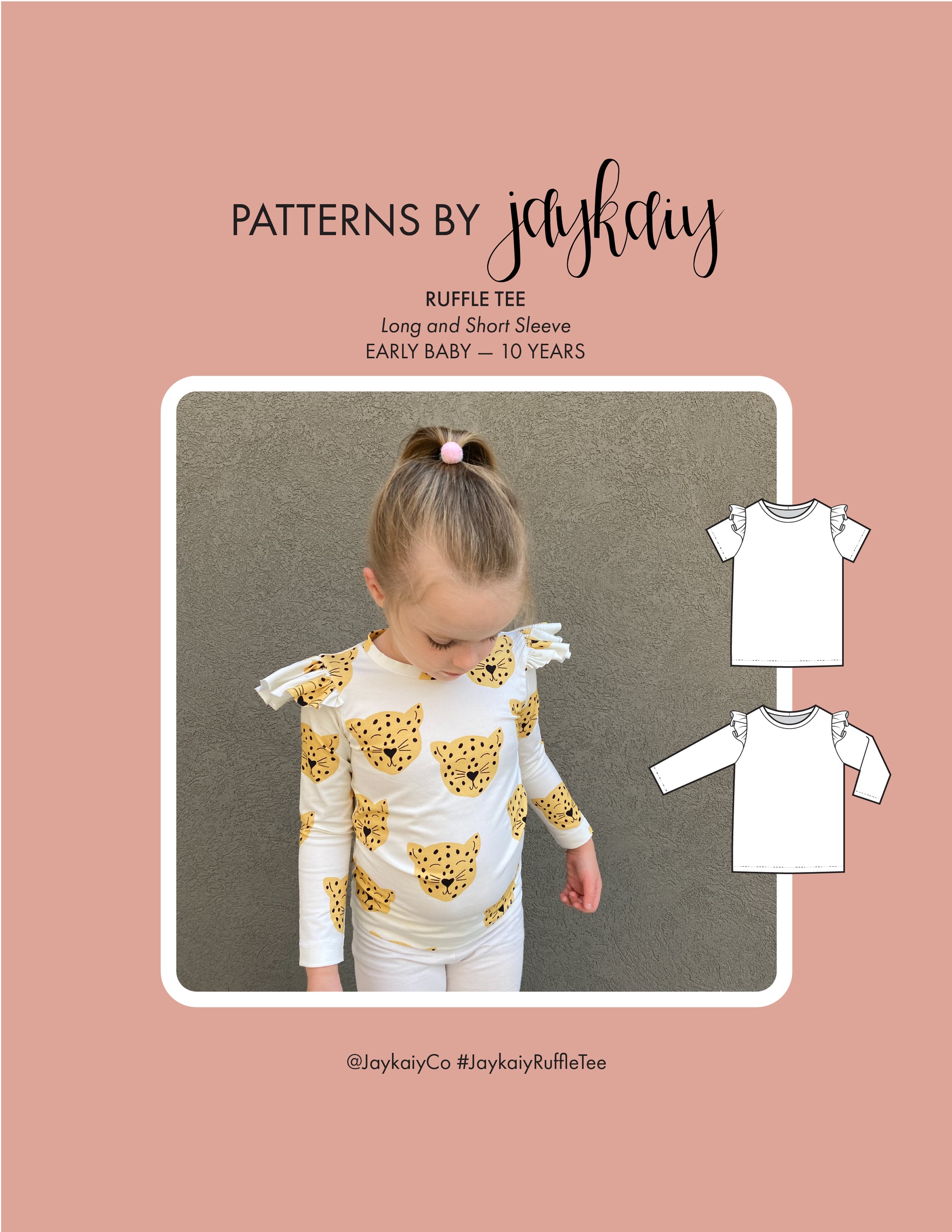 Cover page for a Ruffled Shoulder Kids Tee. Beginner-friendly pattern. Sizes Early Baby to 10 Years, with short and long sleeves. The cover features a 5-year-old in a white tee with a leopard face print.