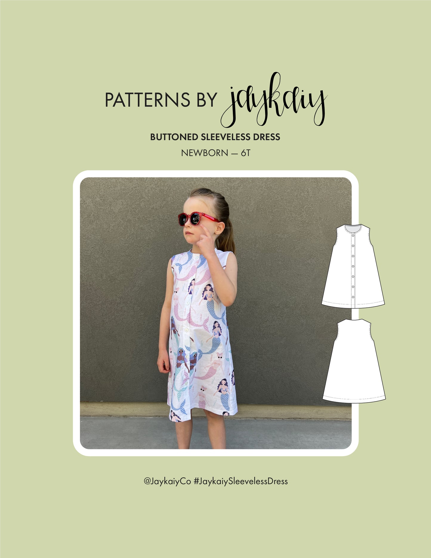 Sewing pattern for kids: Sleeveless Dress with mermaid print. Sizes Newborn to 6T. Beginner friendly.