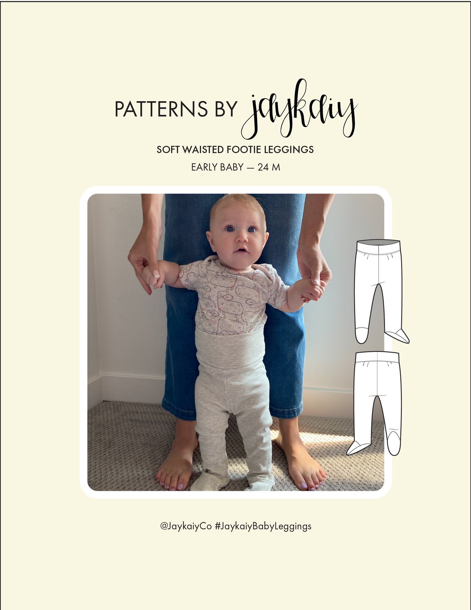 Baby leggings pattern. footed leggings with soft waistband, non-elastic waistband. Sizes early baby to 24 months. Beginner-friendly pattern.