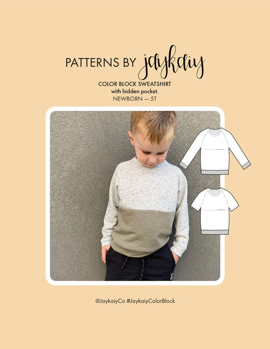 Color-block Sweatshirt sewing pattern. Sizes newborn to 5T. beginner friendly pattern with a hidden pocket.