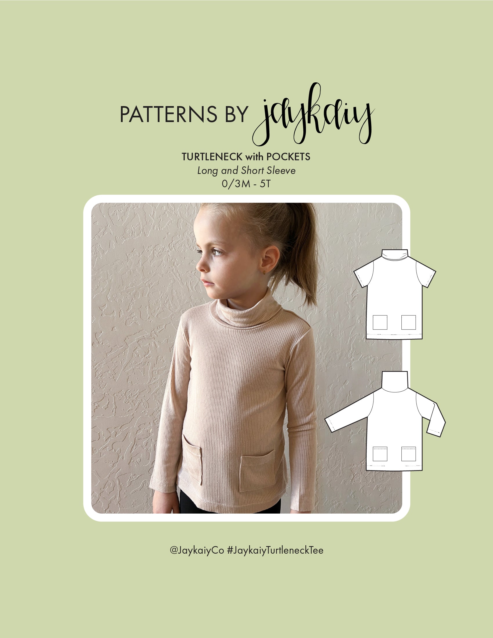 Kids turtleneck top sewing pattern. Long and short sleeves, and optional pocket. Sizes 0-3 months to 5T. beginner-friendly. With Video Tutorial.