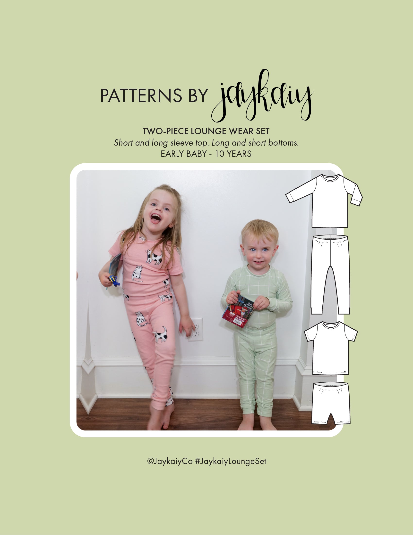 Two-piece Loungewear Pajama set for kids ages preemie to 10 years. Comes with long and short sleeved top and bottom. Super beginner friendly.