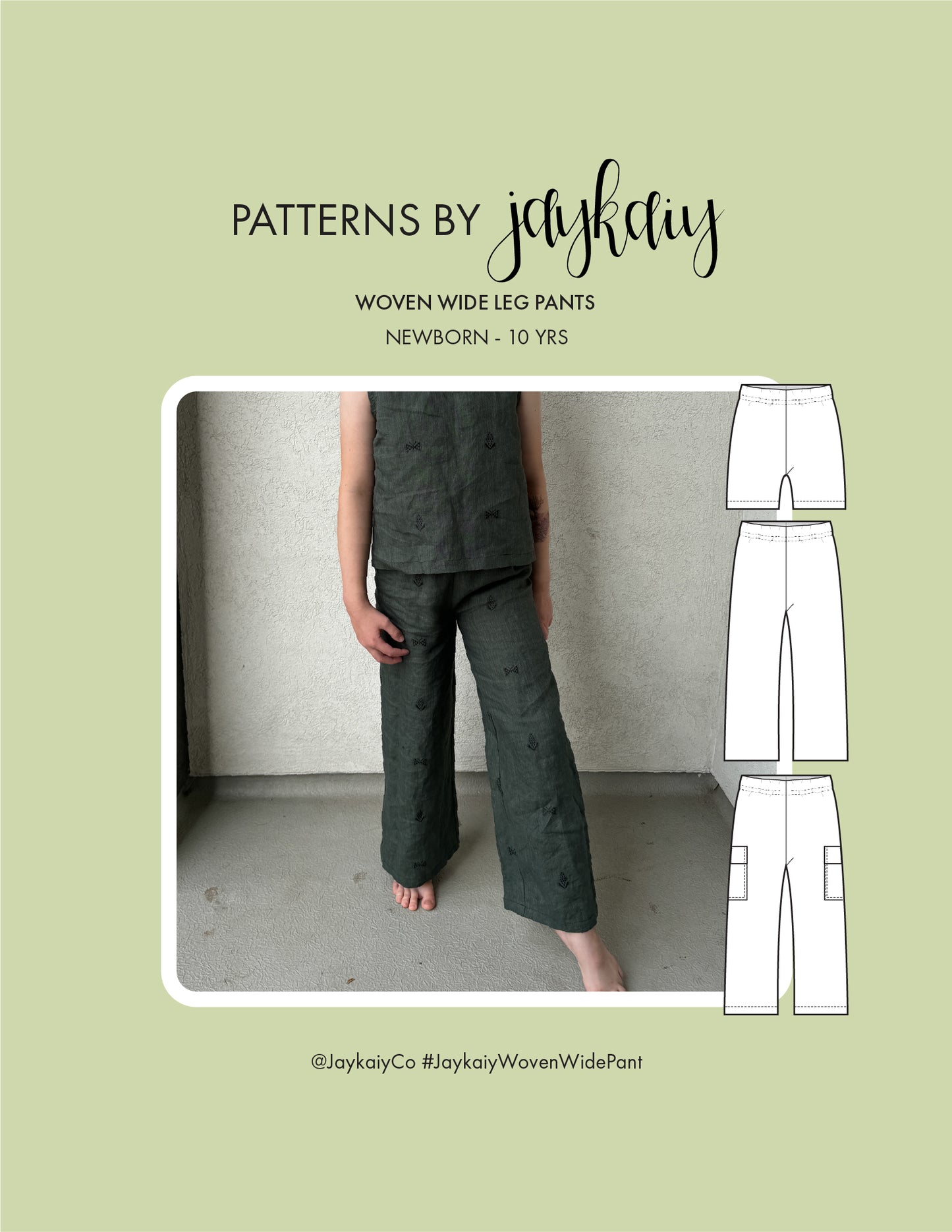 Woven Wide Leg Pant Sewing Pattern for kids. Sizes Newborn to 10 years. Shorts and long pant. Optional cargo pocket. Beginner friendly.